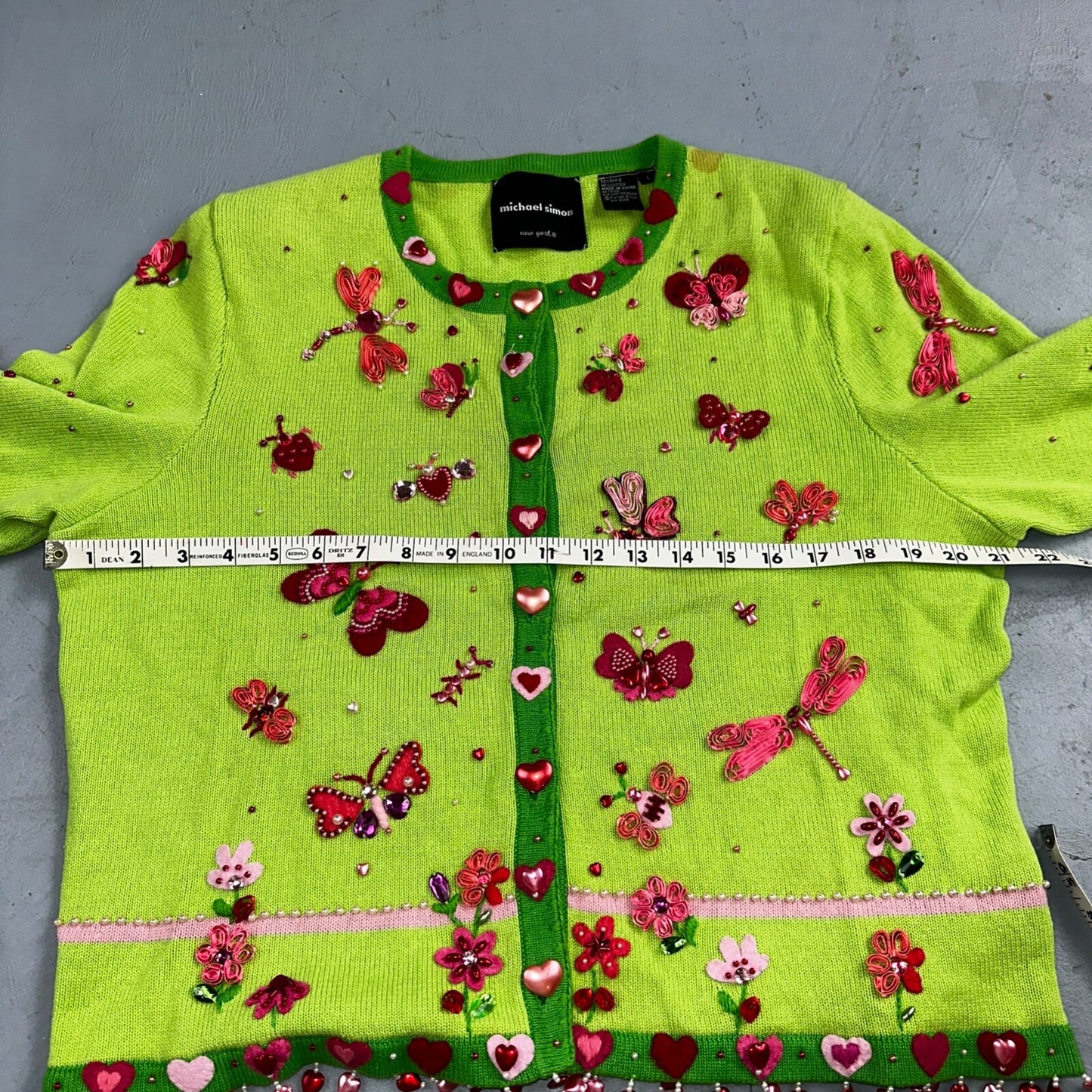 Michael Simon VTG 2000 Dragonfly Hearts Cardigan Sweater Green Valentines Day