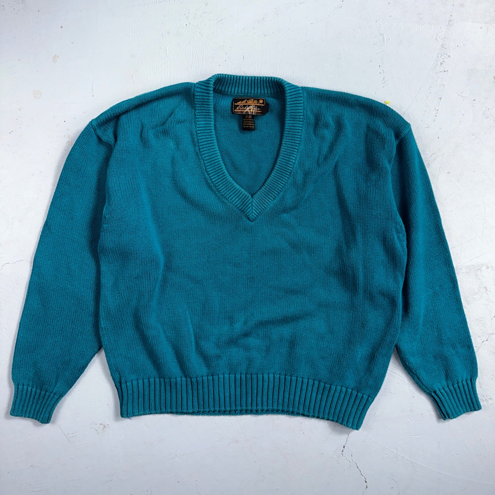 Vintage Eddie Bauer Sweater Mens Large Teal V Neck Pullover Cotton Casual Adult