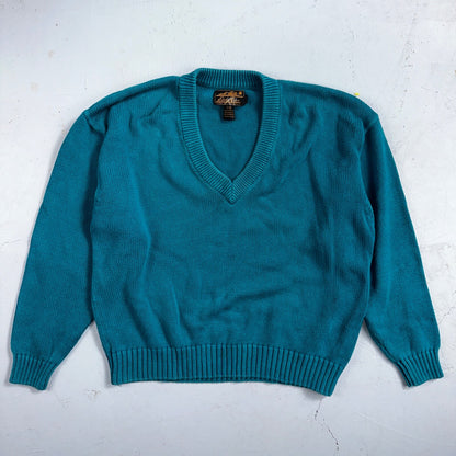 Vintage Eddie Bauer Sweater Mens Large Teal V Neck Pullover Cotton Casual Adult