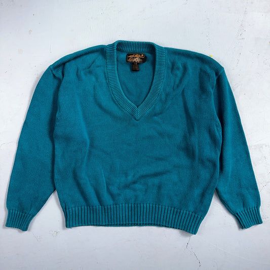 Vintage Eddie Bauer Sweater Mens Large Teal V Neck Pullover Cotton Casual Adult