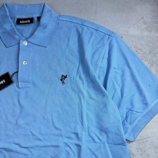 Ashworth Polo Shirt Mens 2XL Blue White Golf TOUR Logos Performance Tags