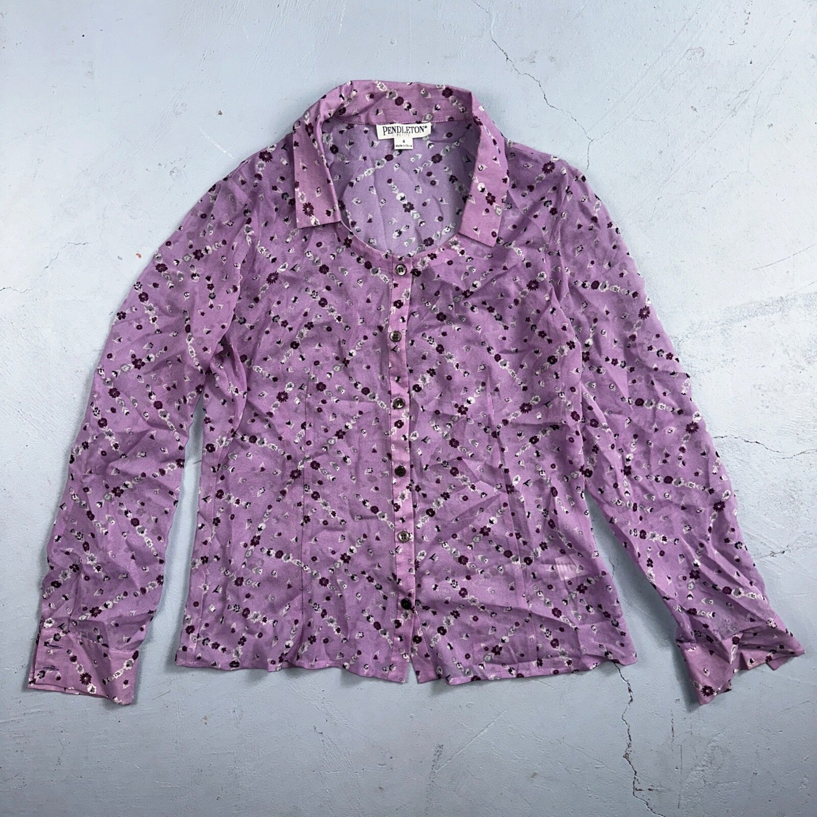 Pendelton 100% Silk Purple Collared Button Down Long Sleeve SZ 4 Petite Flowers