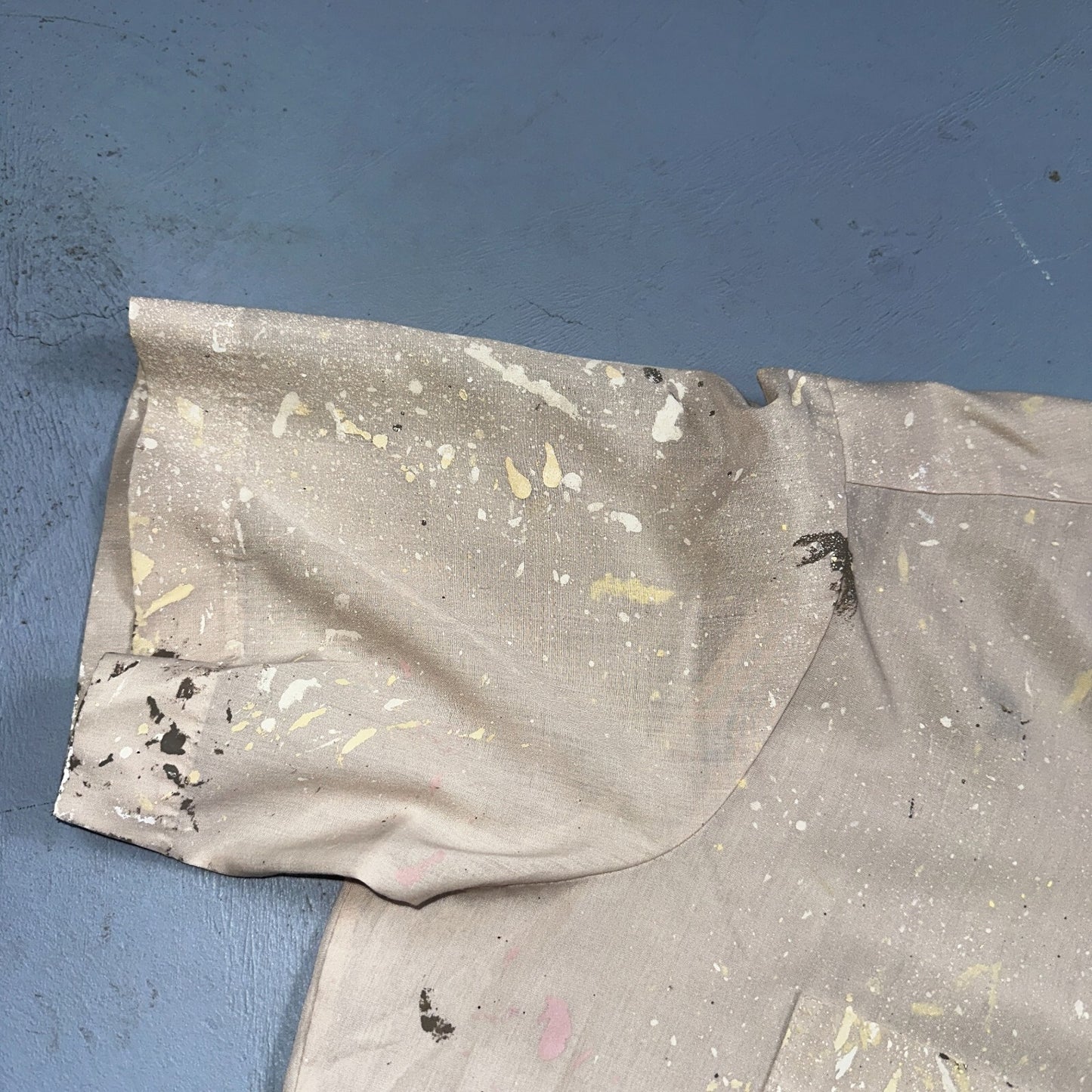 VTG 60s 70s Paint Stained Sears Perma Prest Short Sleeve Camp Shirt 16 Thrashed