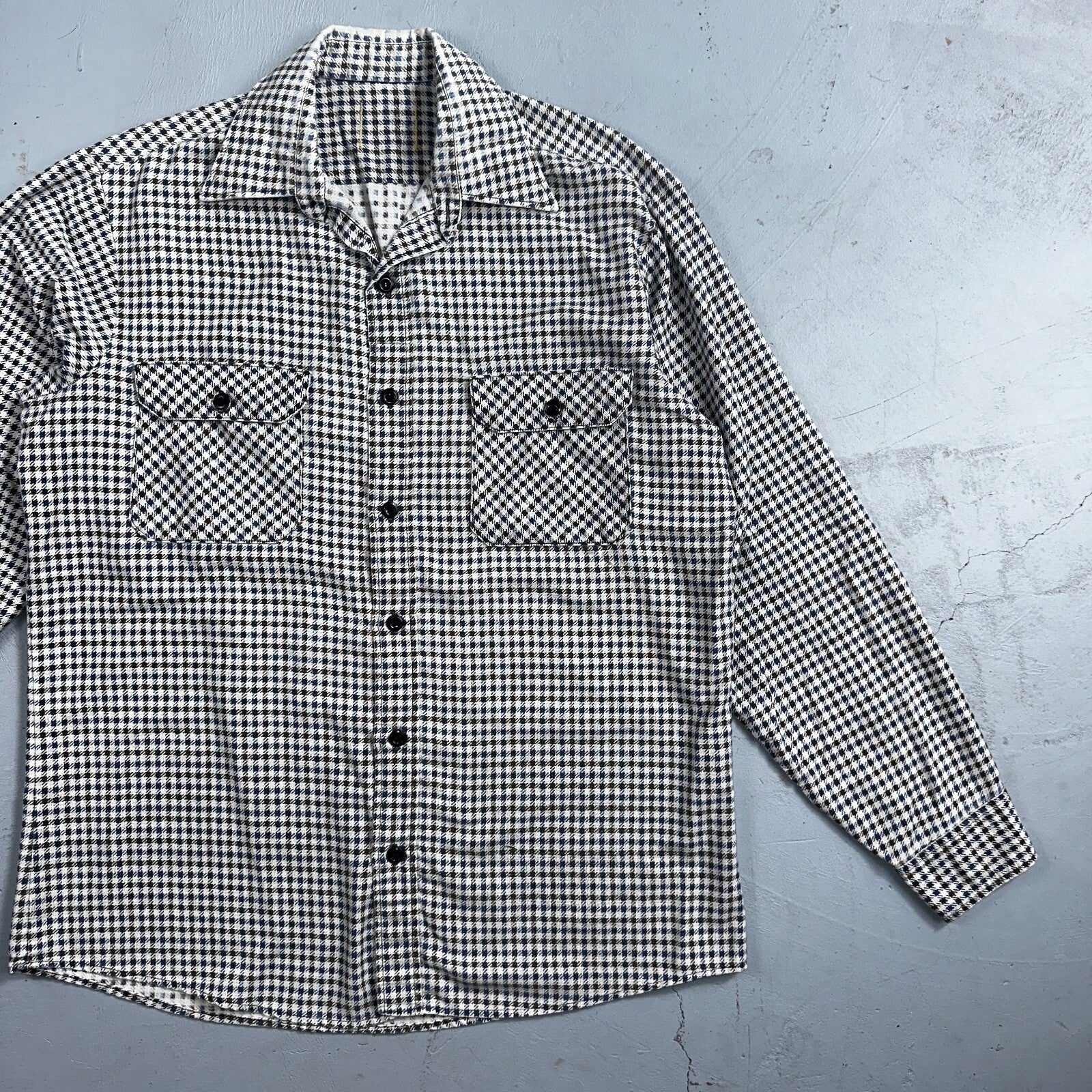 1970s Plaid Long Sleeve Striped Button Down Shirt 60s 70s Rockabilly Checker