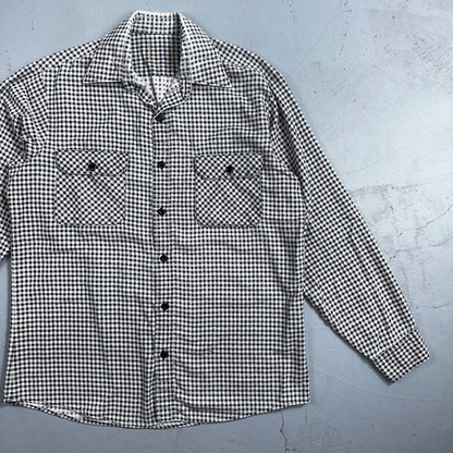 1970s Plaid Long Sleeve Striped Button Down Shirt 60s 70s Rockabilly Checker