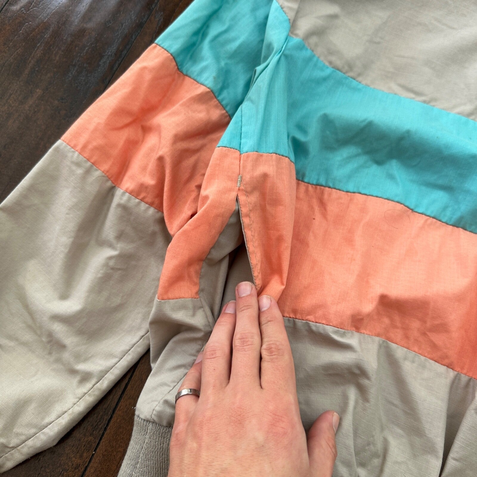 VTG 80s Duffel Pink Blue Strip Collared Pullover Windbreaker Womens L Colorblock