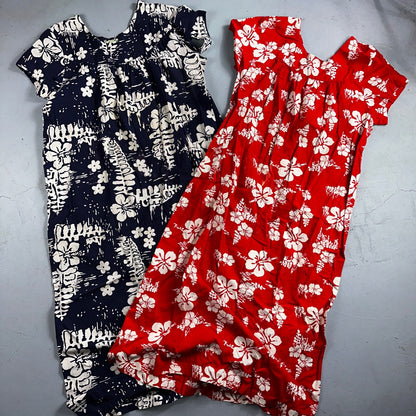 Vintage 60's Ui-Maikai Barkcloth Red and Blue Hawaiian Dress Lot Needs Repairs