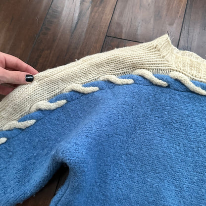 Vintage Handmade Wool Knit Sweater S Blue Pattern 1940s 1950s Rare 40s 50s WWII