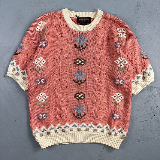 Eddie Bauer VTG Pink Floral Country Sweater Cottage Core Thick 1990 Medium