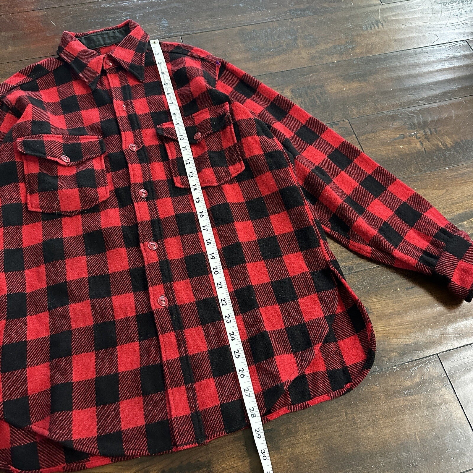 1950's vtg Buffalo Plaid Flannel L/S Jac Over Shirt Med Red Black 50s 60s Worn