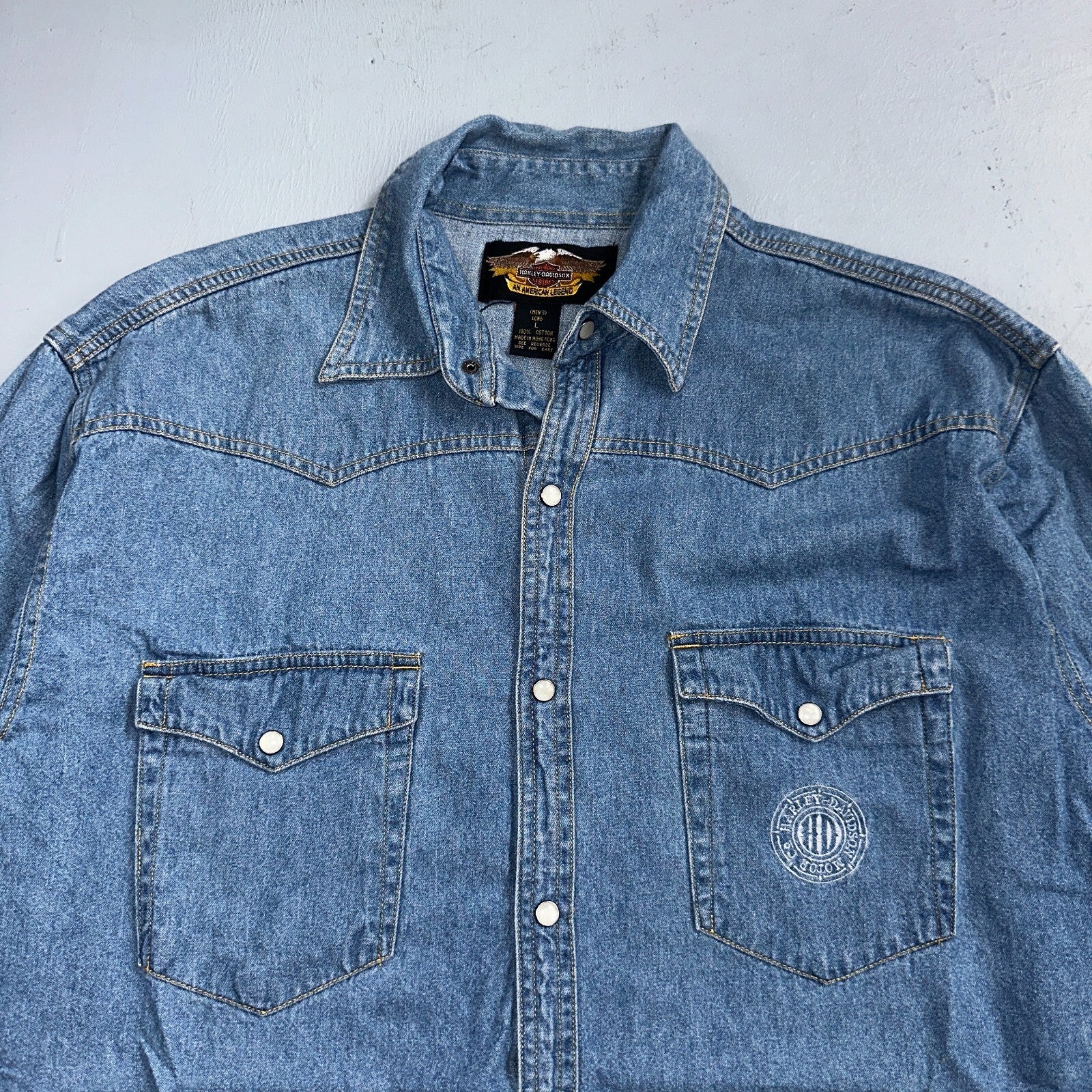 Harley Davidson Shirt Mens Large Long Blue Pearl Snap 90s Vintage Motor