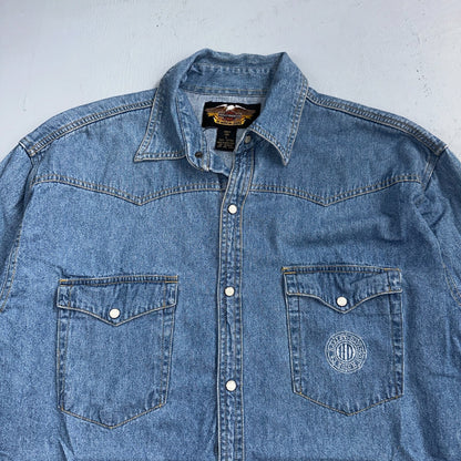 Harley Davidson Shirt Mens Large Long Blue Pearl Snap 90s Vintage Motor