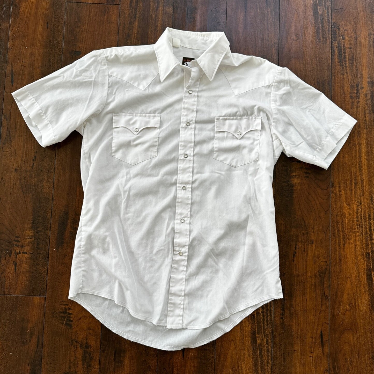 VTG 80s Karman Plain Shirt Mens Lot of 2 Tail Pearl Snap Button Up Poly Stained