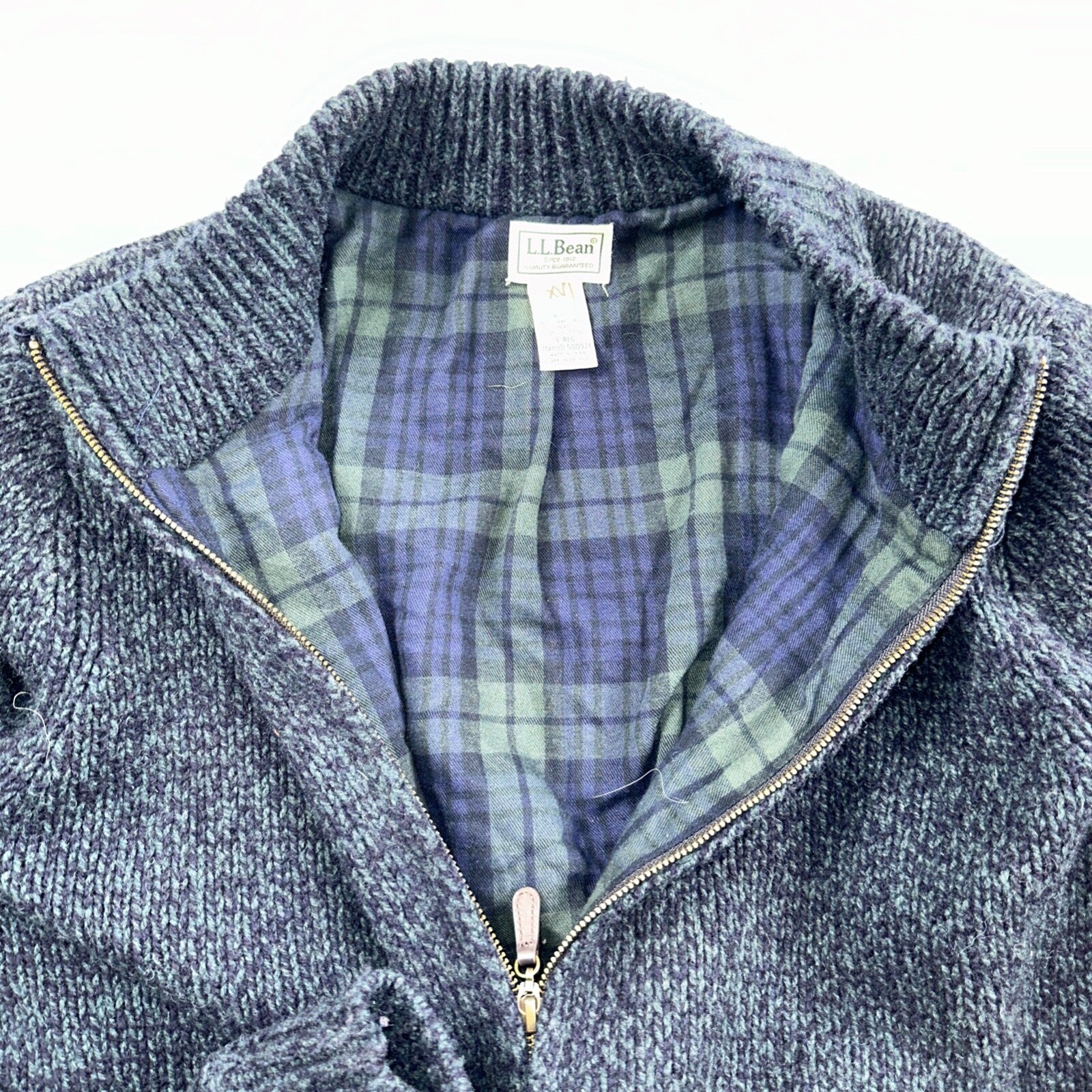 LL Bean Lambs Wool Blue Sweater Full Zip Flannel Plaid Lined Mens L Vintage