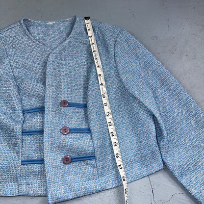 Vtg 70s Blazer Womens Blue Wool Houndstooth Knit Collar Luxury Office USA