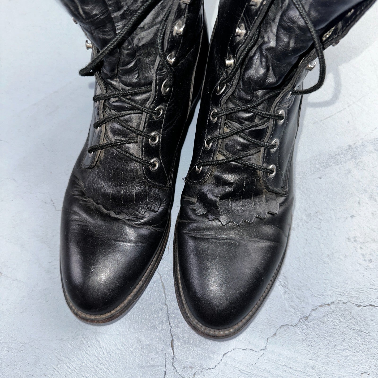 Vintage Justin Black Leather Roper Boots USA 9D Lace-Up Western Logger 506