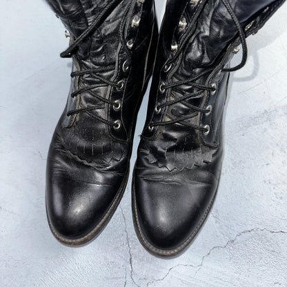 Vintage Justin Black Leather Roper Boots USA 9D Lace-Up Western Logger 506