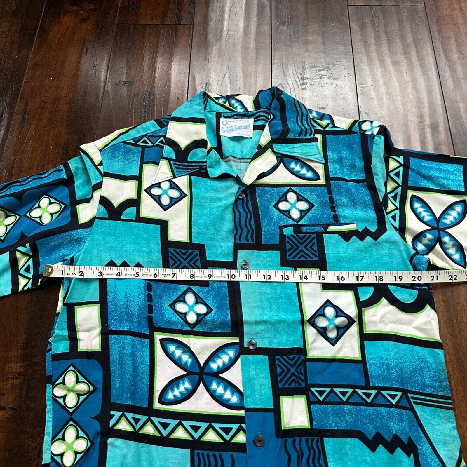 1960s Hawaiian Button Down Shirt Vintage Rockabilly 50s 60s Crop Fit Beach Blue