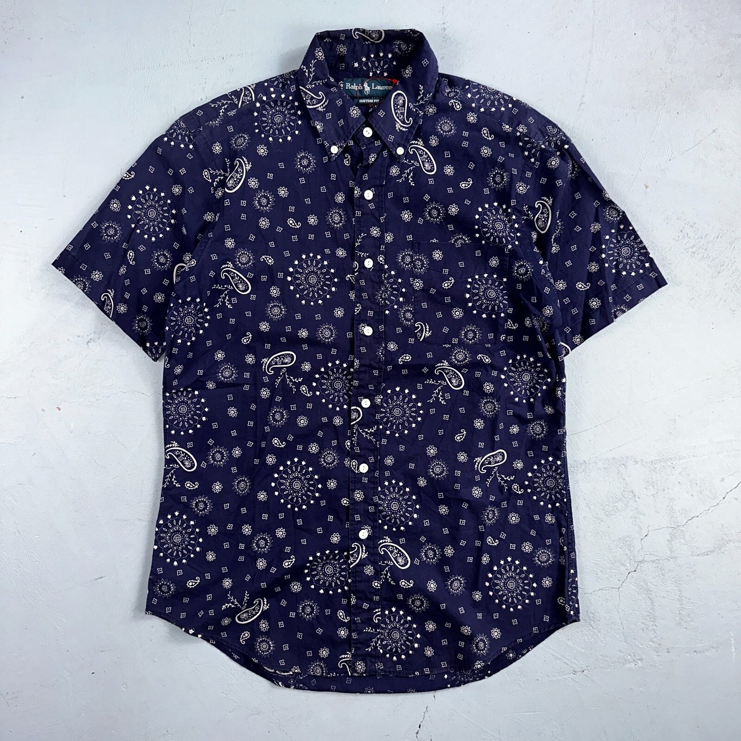 Ralph Lauren Custom Fit Paisley Navy Blue Geometric Pattern M Sleeve Button Up