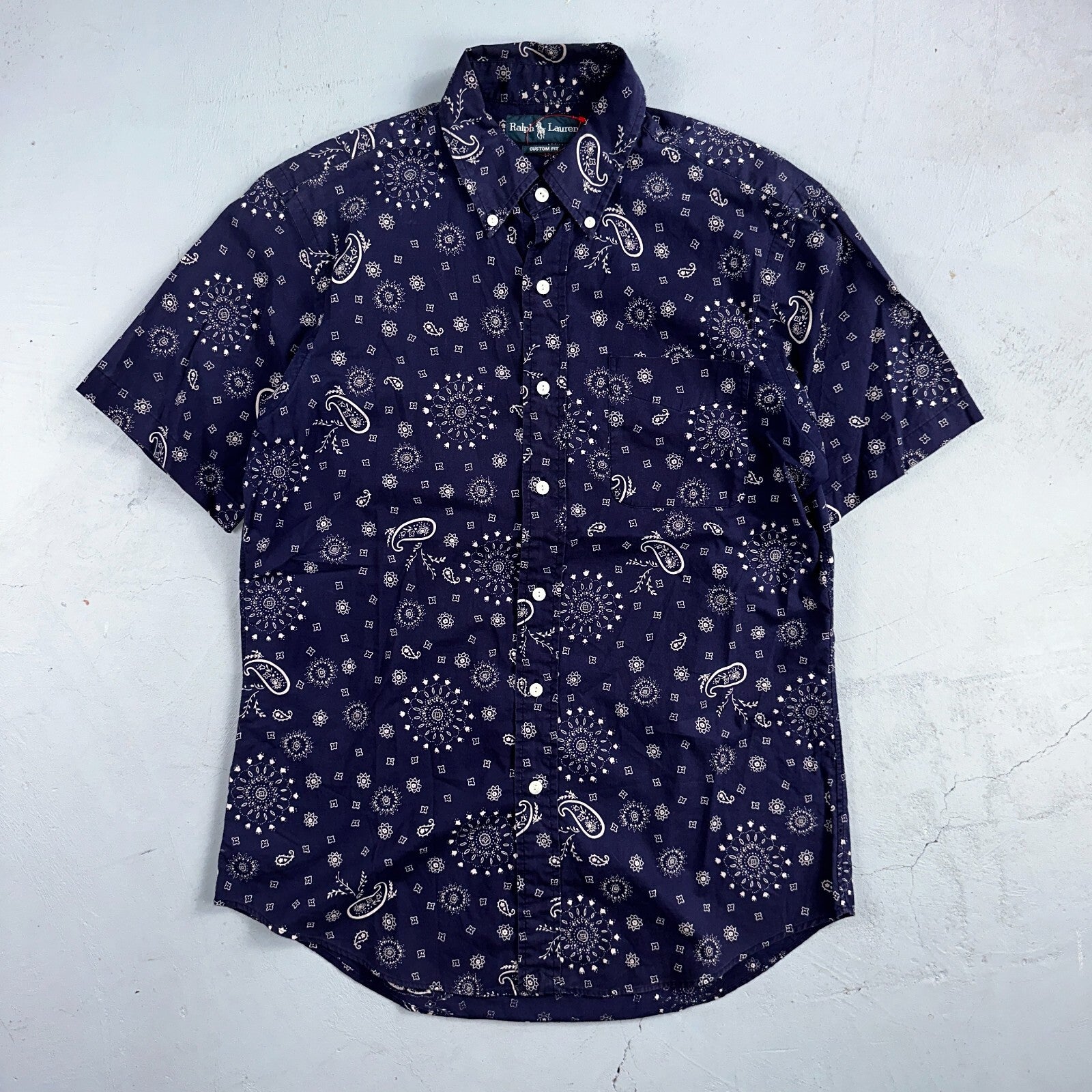 Ralph Lauren Custom Fit Paisley Navy Blue Geometric Pattern M Sleeve Button Up