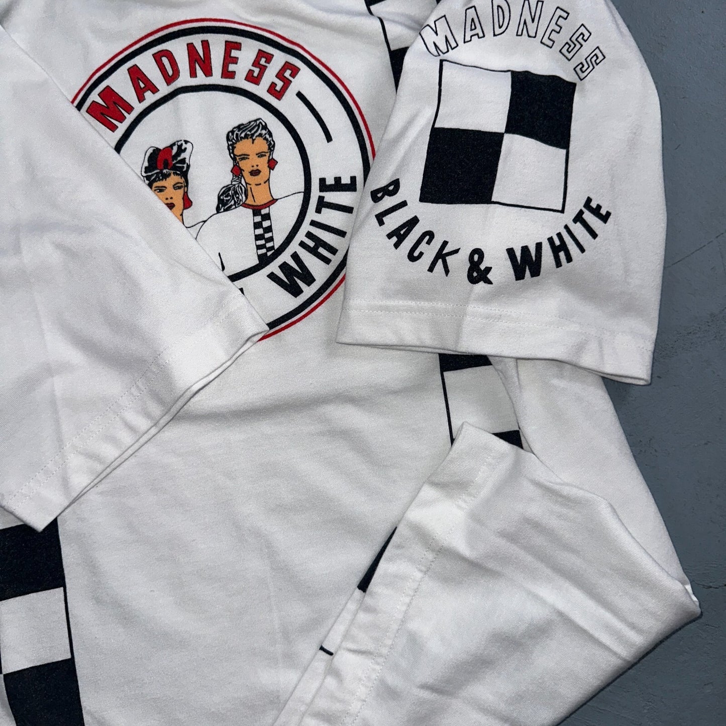 Madness Hot Girls VTG T Shirt Twin Medium 90s Black White Checkerboard Drama Art