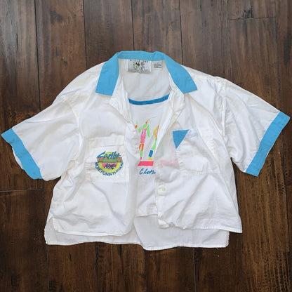 Vtg Buggle Boy 80s Hip Hop WOMANS BLOUSE SHIRT PLAID Crop 90s Blue Tee