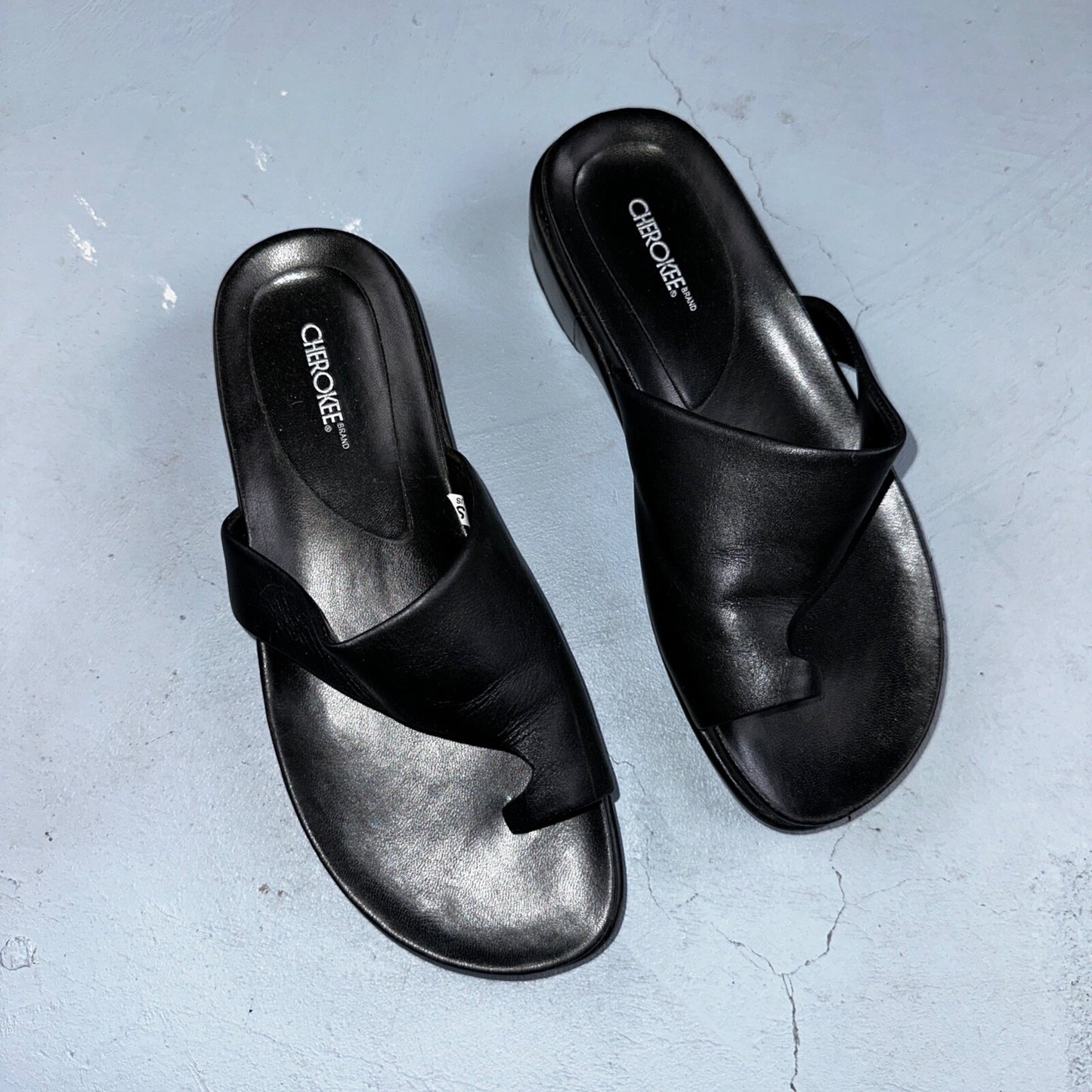 Cherokee Sandals Womens 8.5 Thong Black Leather Toe-Post Casual Comfort VTG Y2K