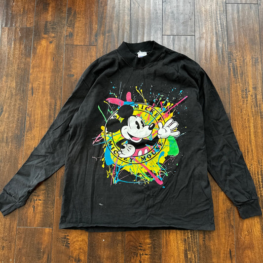 Mickey Mouse Disney Splatter Long Sleeve Black Vintage T Shirt 90s USA Cool