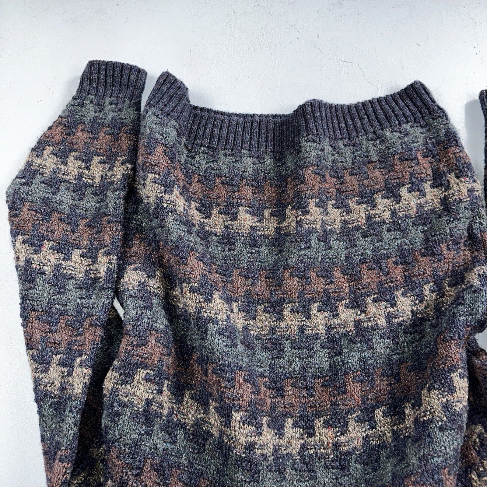 Orvis Men’s Wool Sweater XL Navy Green Tan Brown Jumper Houndstooth GrandpaCore