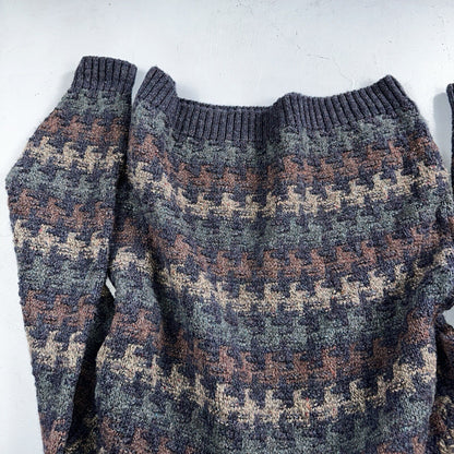 Orvis Men’s Wool Sweater XL Navy Green Tan Brown Jumper Houndstooth GrandpaCore