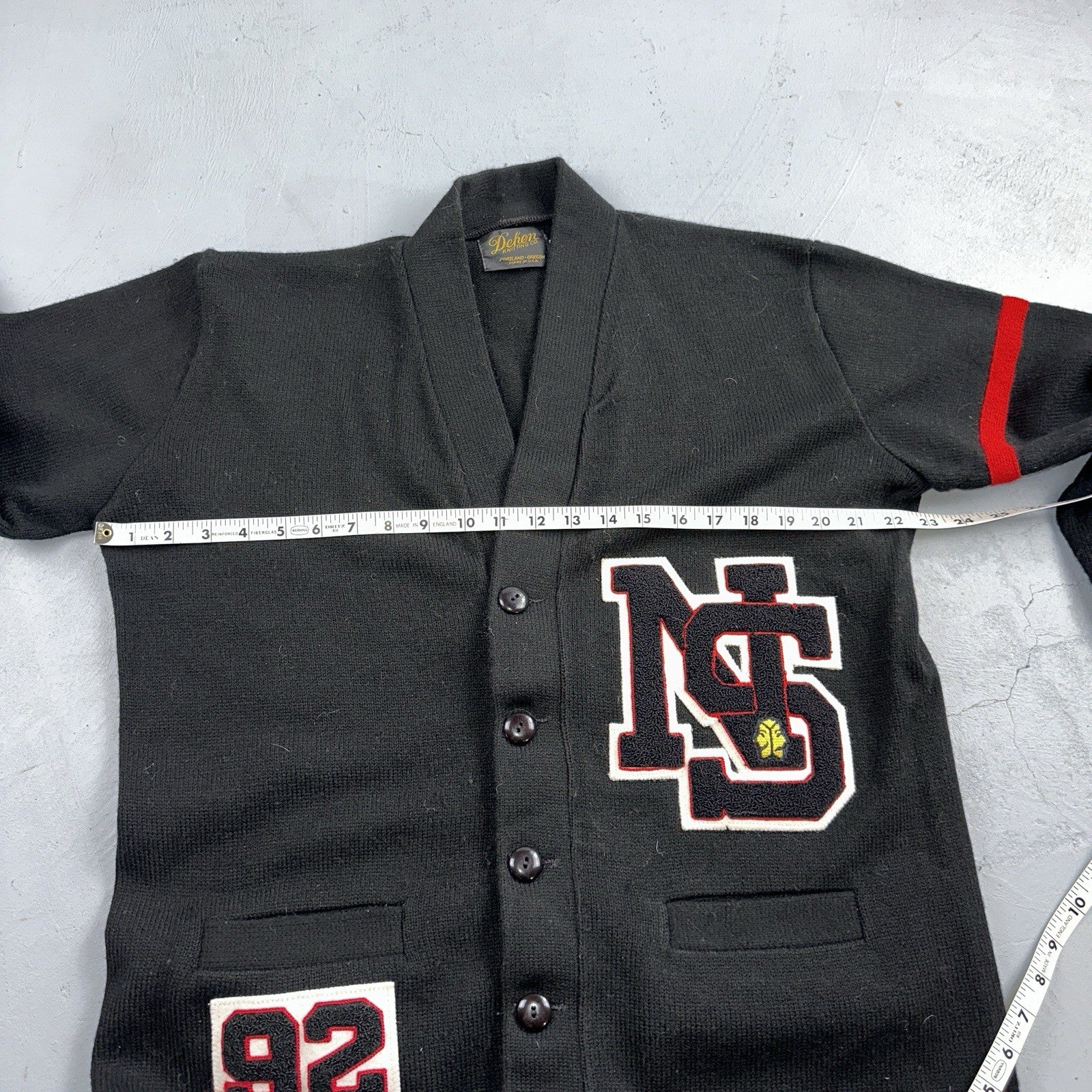 Vintage 1990s Dehen Varsity Letterman Cardigan Sweater Size 44 Black 1992 NS
