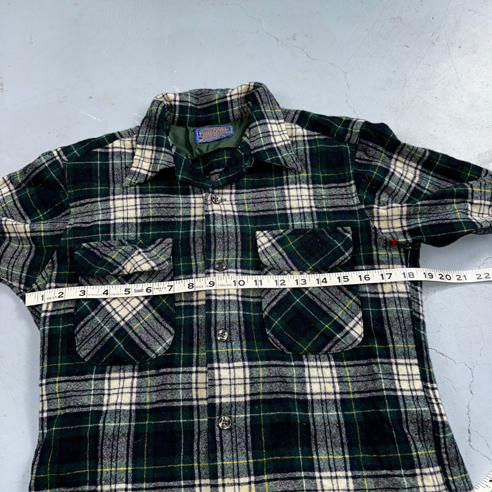 Pendleton VTG Men's Board Shirt Medium Loop Collar USA Wool Woolen Plaid Green