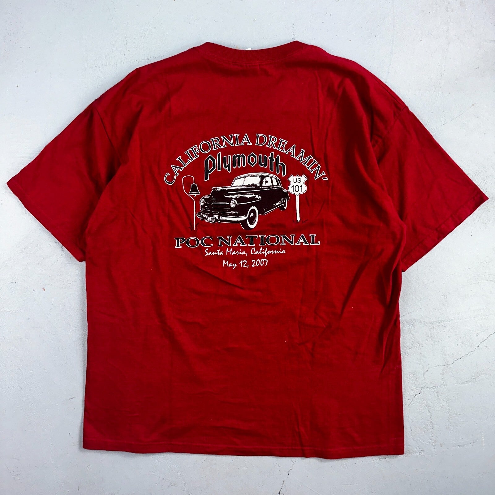 Plymouth California Dreamin Y2K Graphic VTG T Shirt Santa Maria Cars Red XL