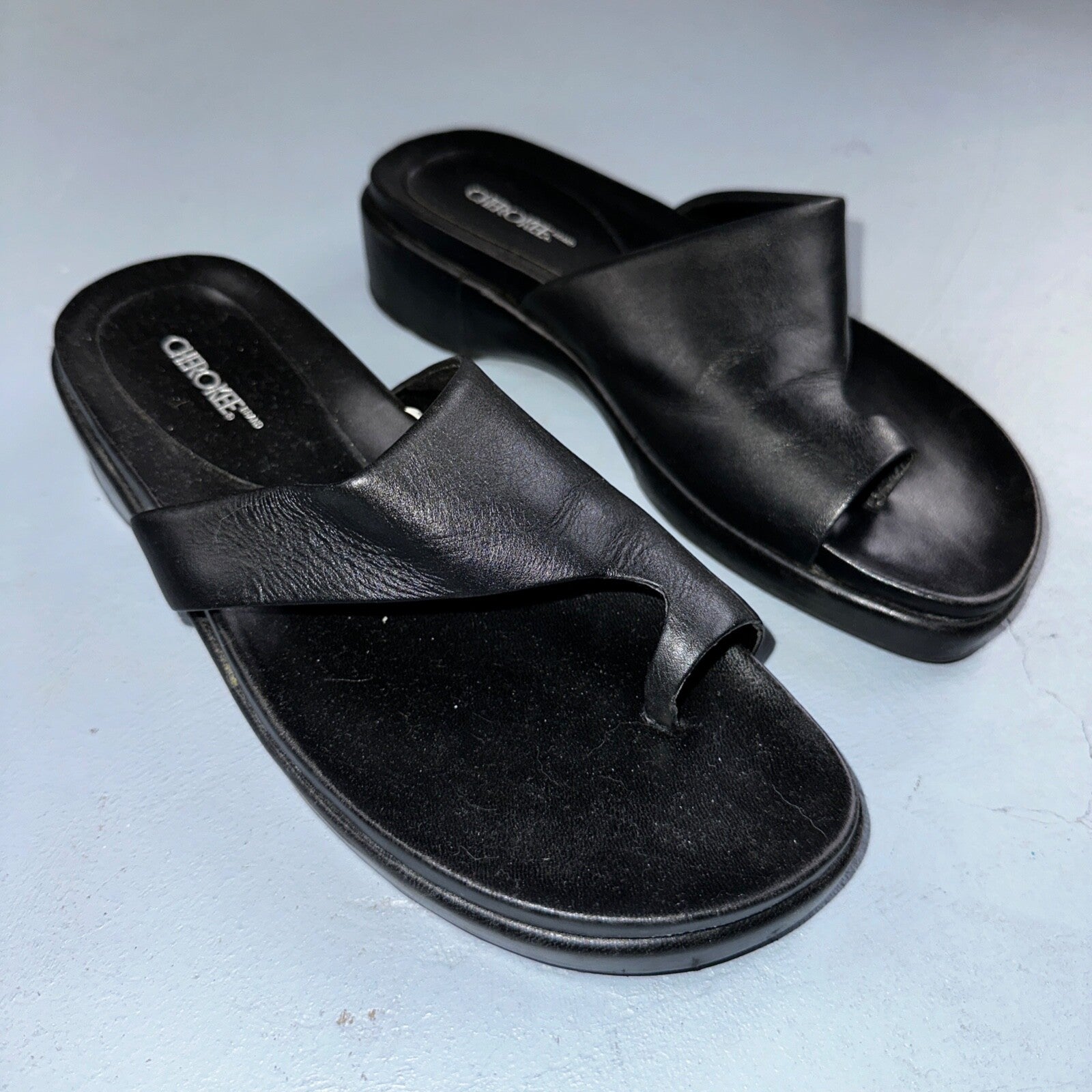 Cherokee Sandals Womens 8.5 Thong Black Leather Toe-Post Casual Comfort VTG Y2K