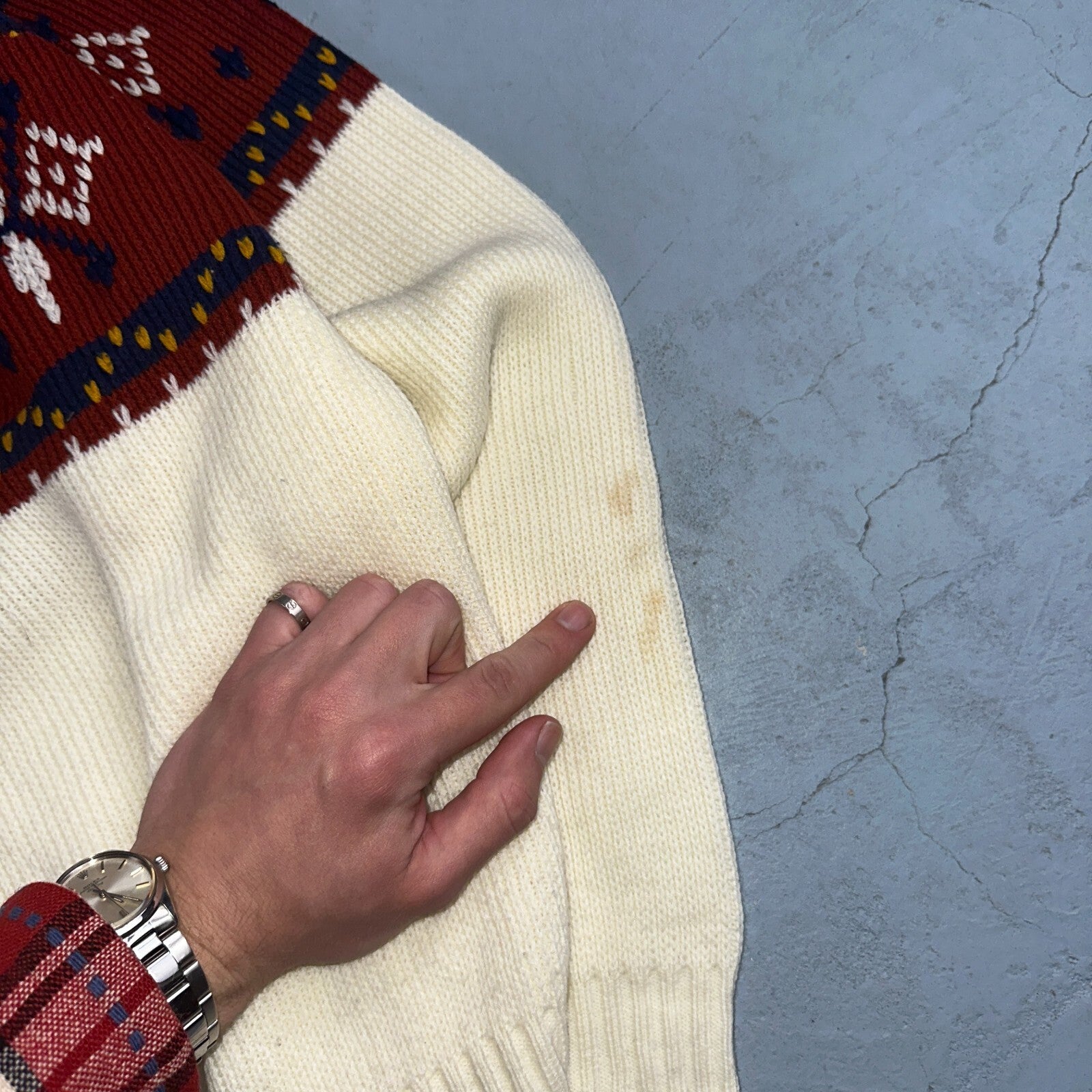 VTG 70s JC Penney Retro Mens Large Nordic Snowflake Ski Sweater White Holiday