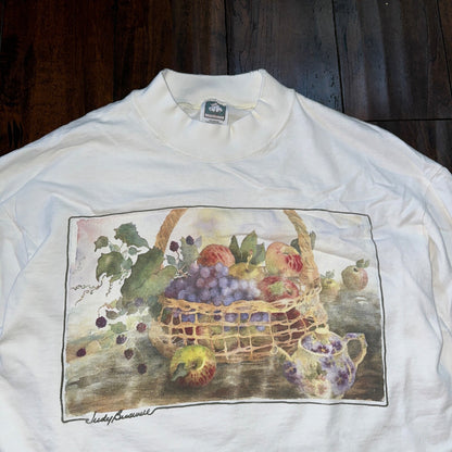 Fruit Basket Art VTG T Shirt Judy 90s Apple Grapes Teapot Elegant Pop Music L