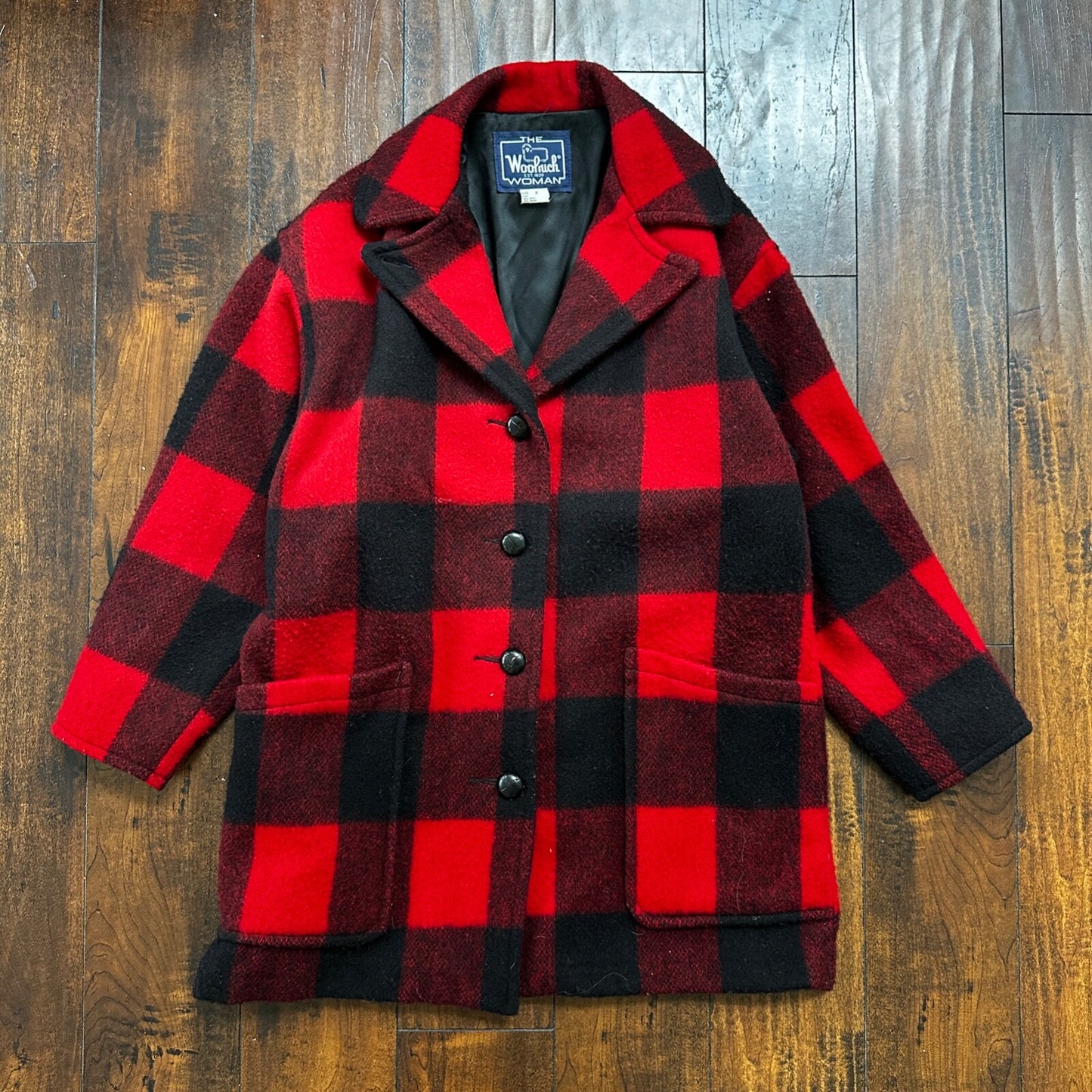 VTG Woolrich Coat Womens M Red Black Plaid Wool Blend Mackinaw Jacket 1970s 70s