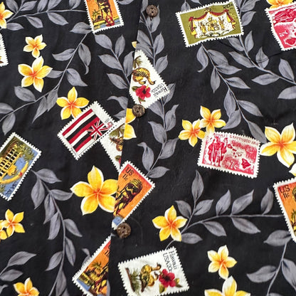 Vintage 80s Blue Hawaii Button Up Shirt Mens XL Ukulele Palms Hawaiian Stamps