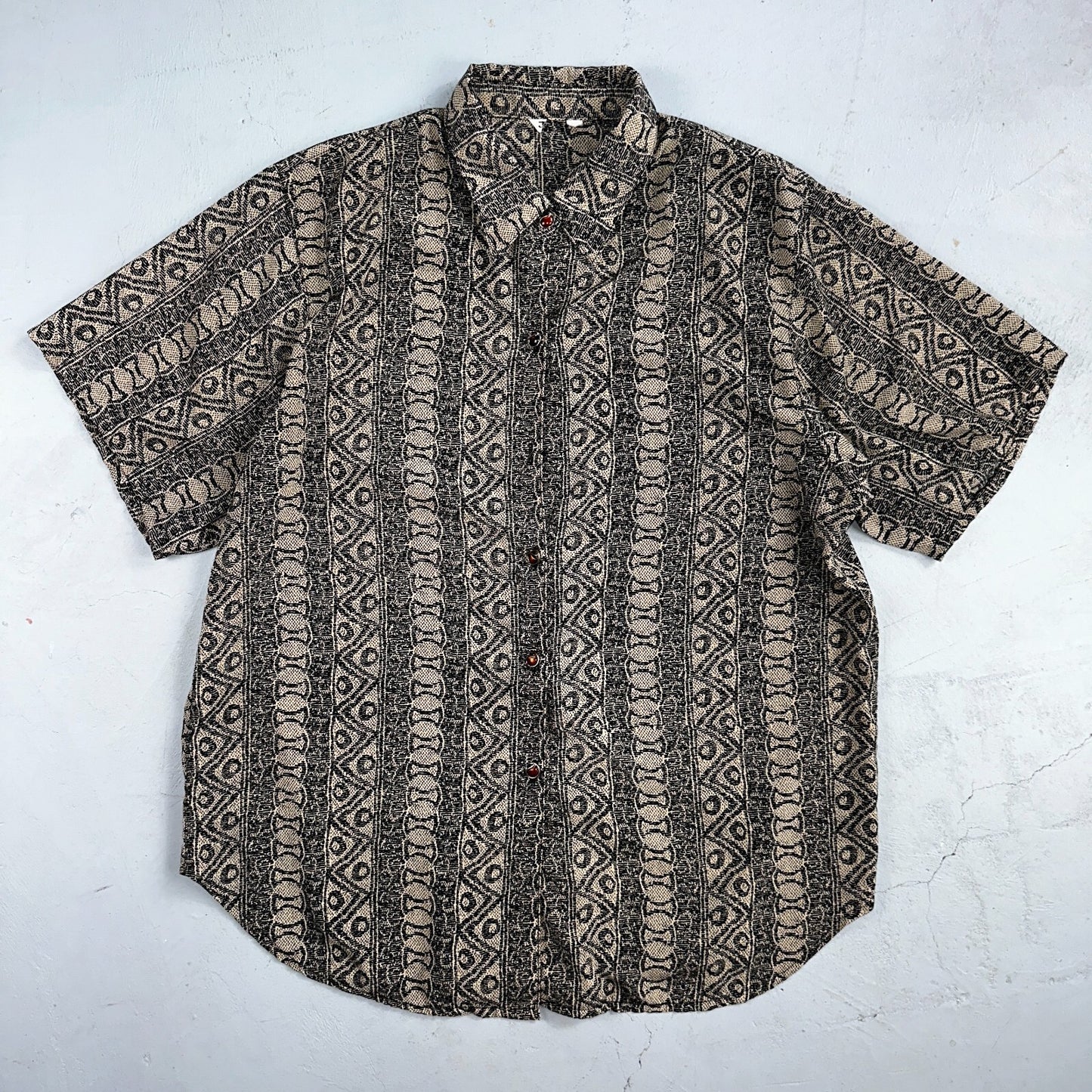 Hawaiian Regular Fit Shirt Men L Gray Geometric Tribal Button Up 80s VTG