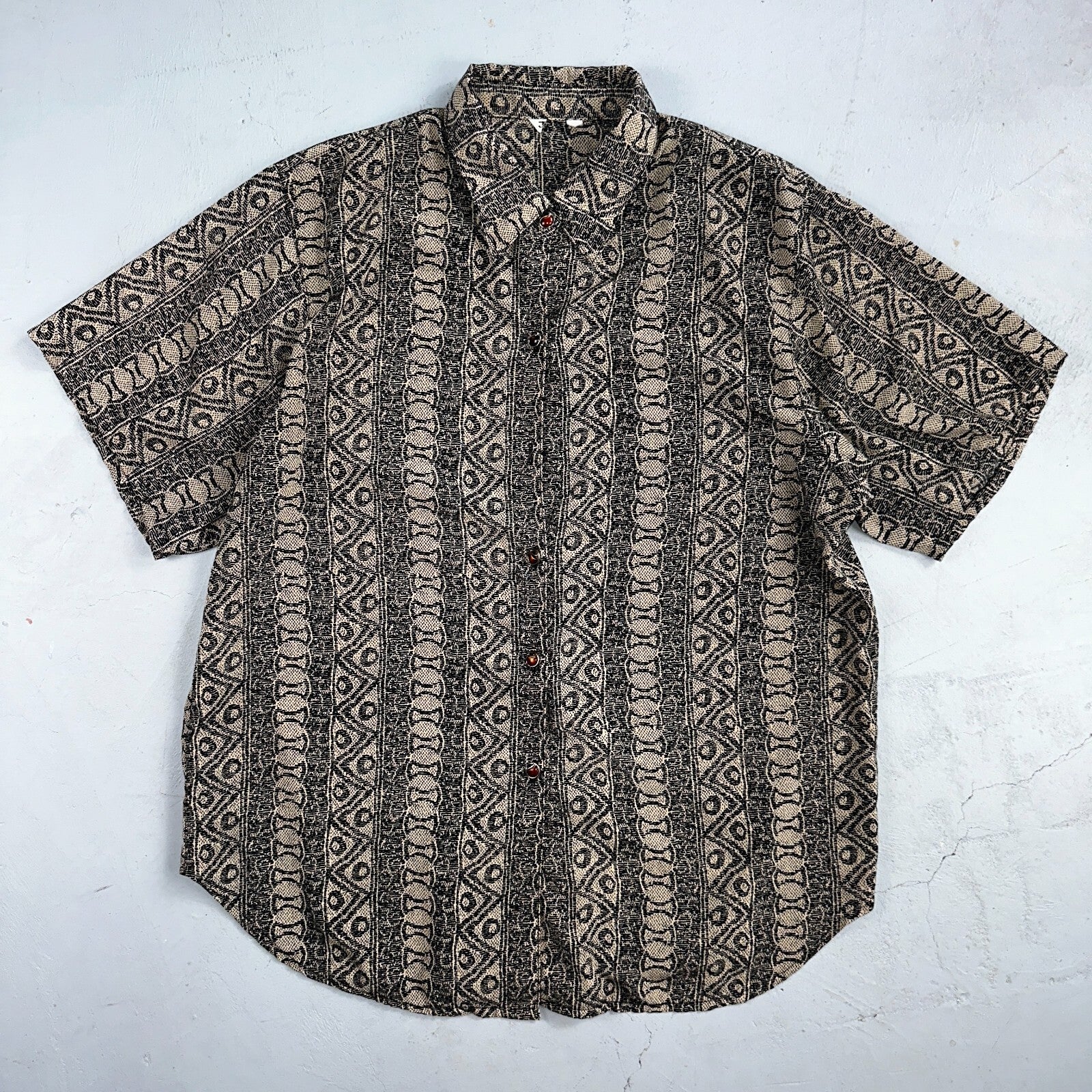 Hawaiian Regular Fit Shirt Men L Gray Geometric Tribal Button Up 80s VTG