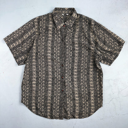 Hawaiian Regular Fit Shirt Men L Gray Geometric Tribal Button Up 80s VTG