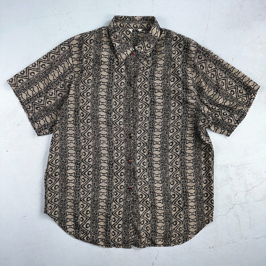 Hawaiian Regular Fit Shirt Men L Gray Geometric Tribal Button Up 80s VTG