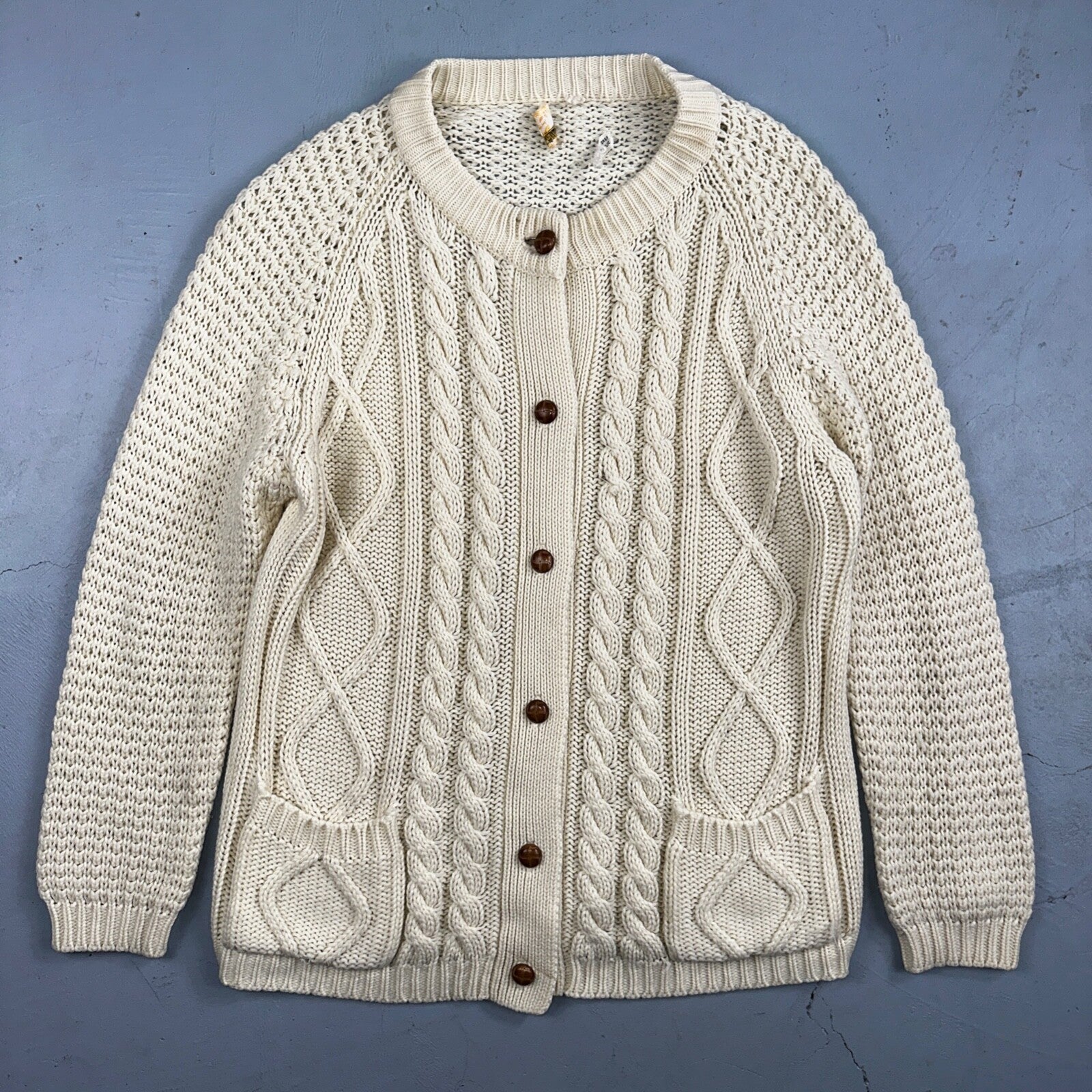 Vintage Hudson Bay Cardigan Acrylic Sweater Ivory Cable Knit Fisherman 80s Korea