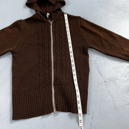 Vtg 70s Sears JR Hoodie Chunky Zip Up Sweater Brown Women's L 1970s Junior