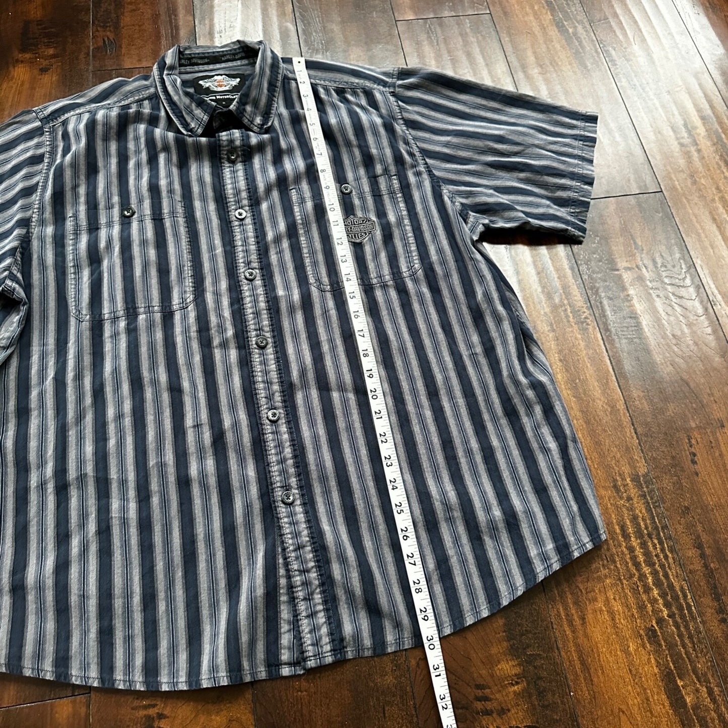Harley Davidson Shirt Button Up XL Short Sleeve VTG Embroidery Striped Blue