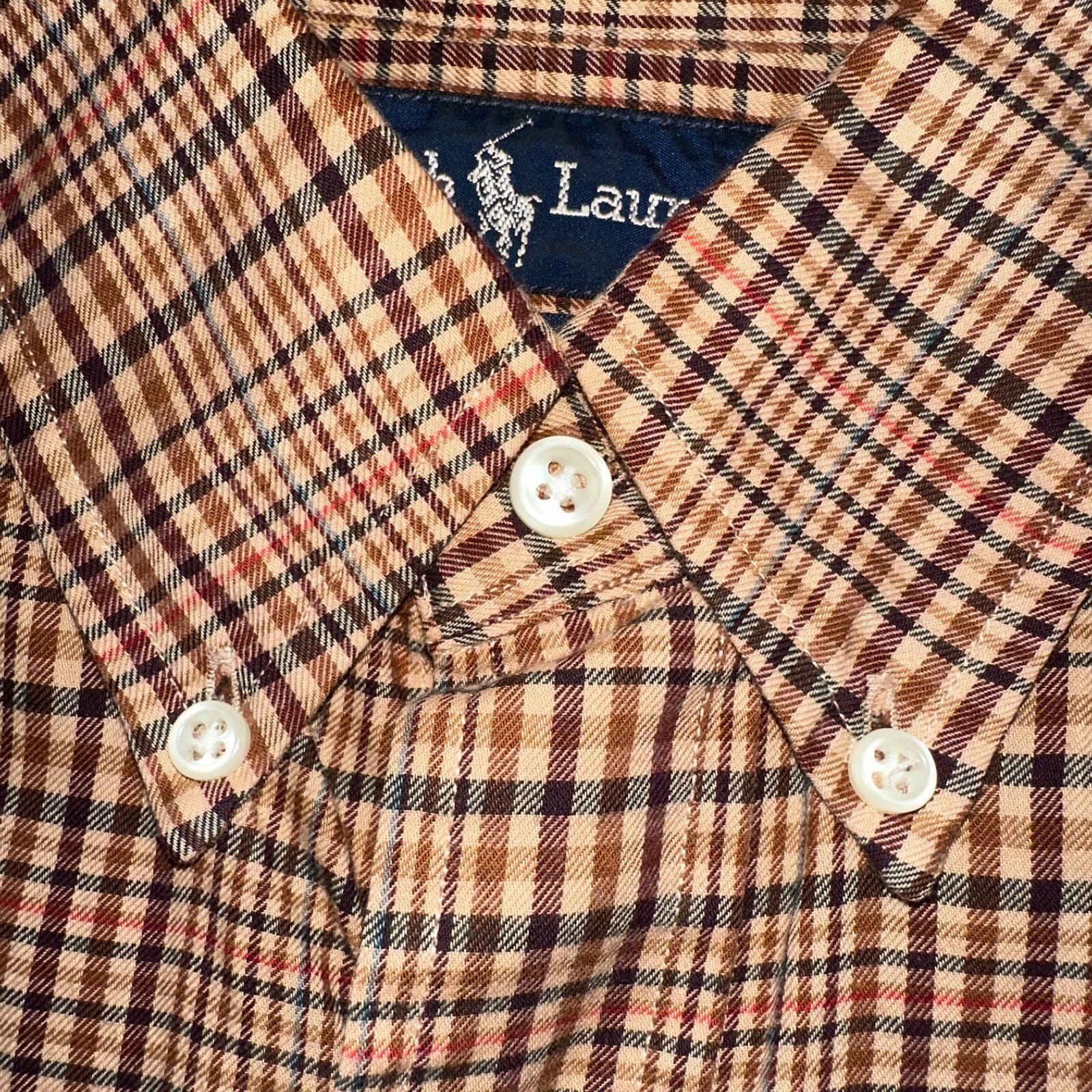 Ralph Lauren Blake 100% Cotton Plaid Shirt Size Large Polo Button Down Brown