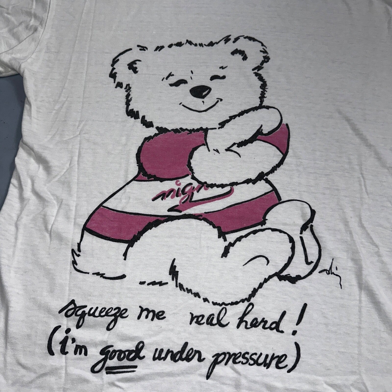 Squeeze Me Hard VTG T Shirt 80s Cute Bear Nightcap Sleep Pajama Adorable Love