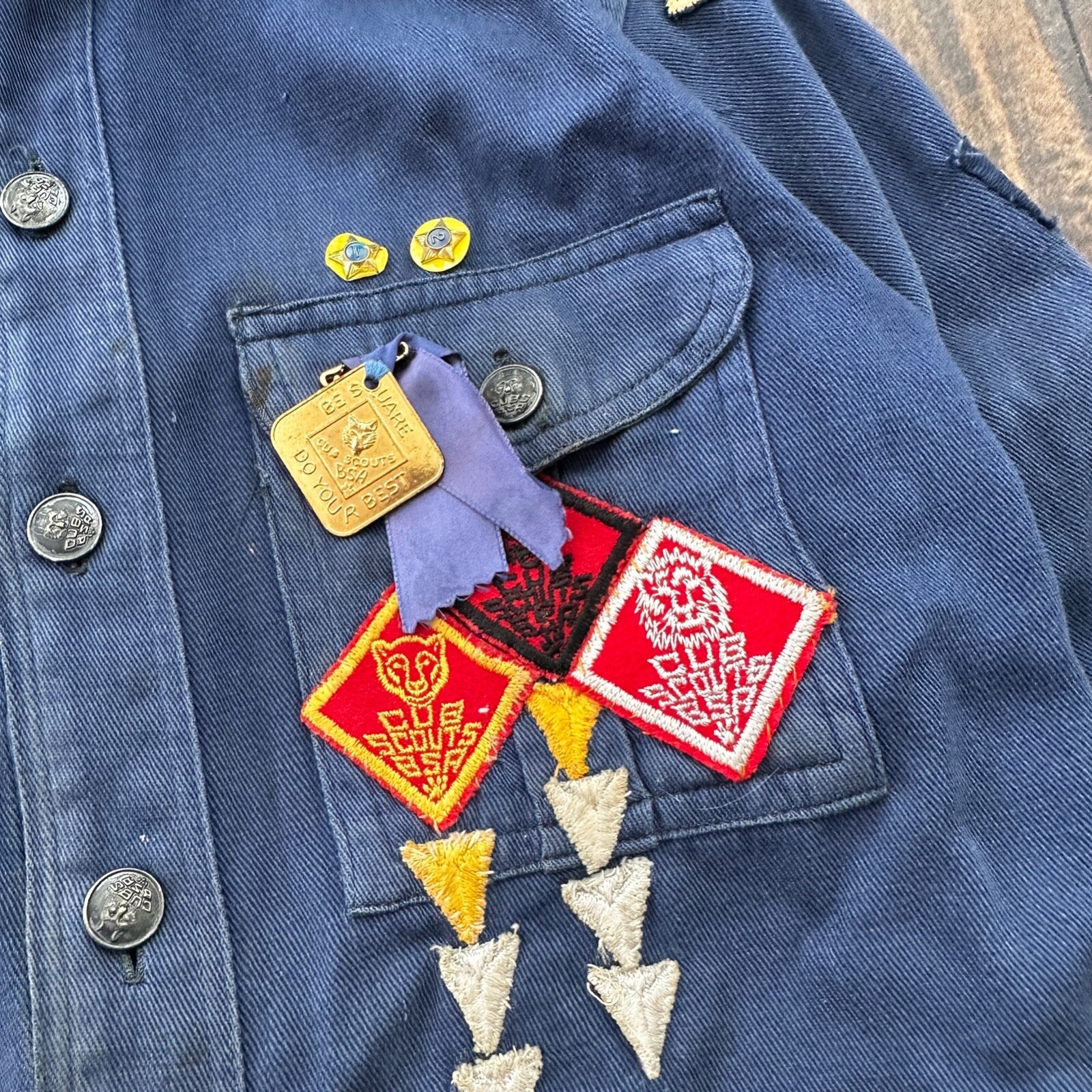 Vintage 60s BSA Boy Scouts Cub Shirt Blue Button Up Uniform Flawed Pins