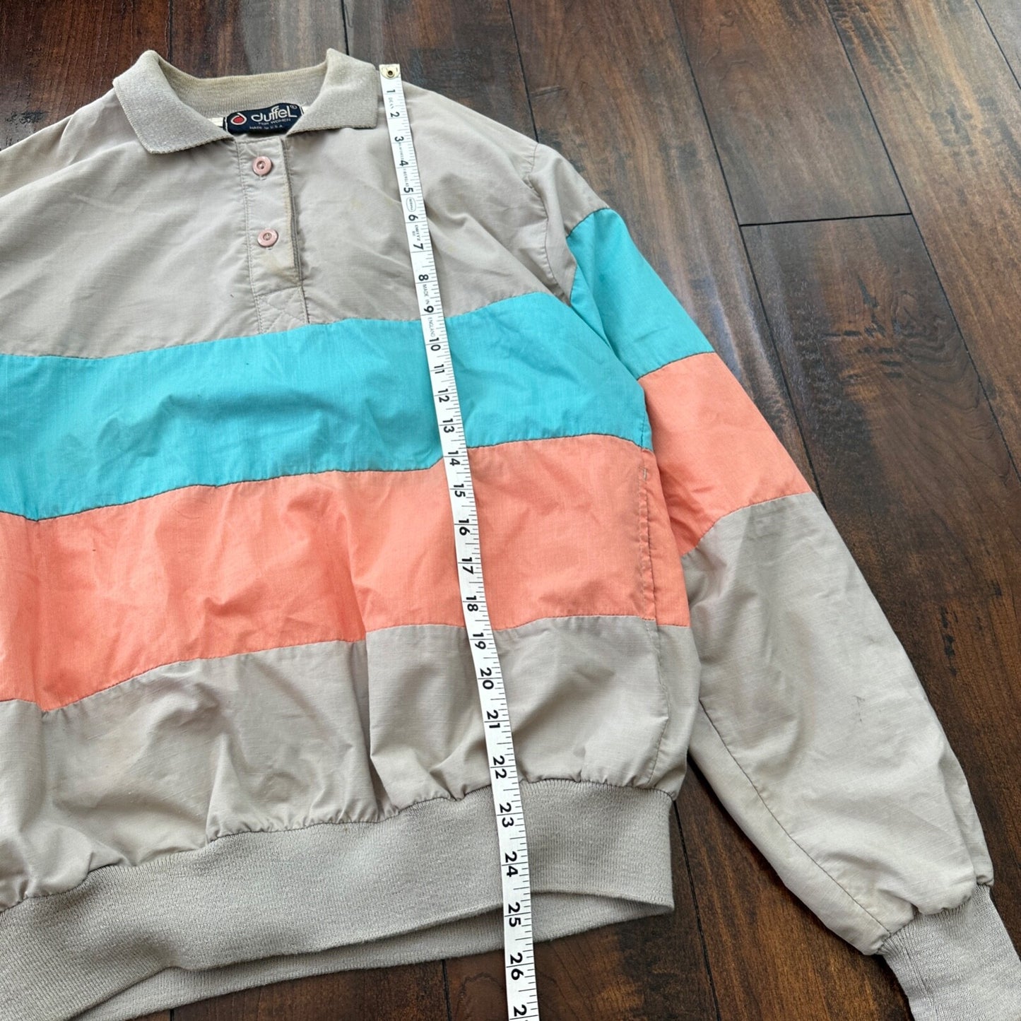 VTG 80s Duffel Pink Blue Strip Collared Pullover Windbreaker Womens L Colorblock