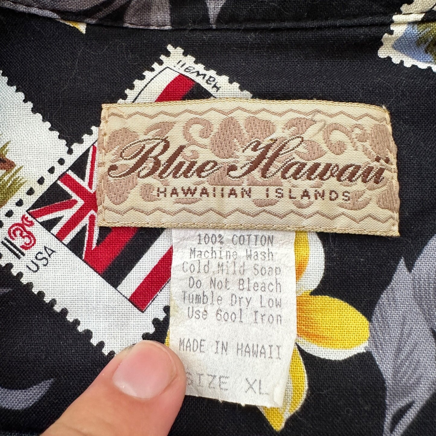 Vintage 80s Blue Hawaii Button Up Shirt Mens XL Ukulele Palms Hawaiian Stamps